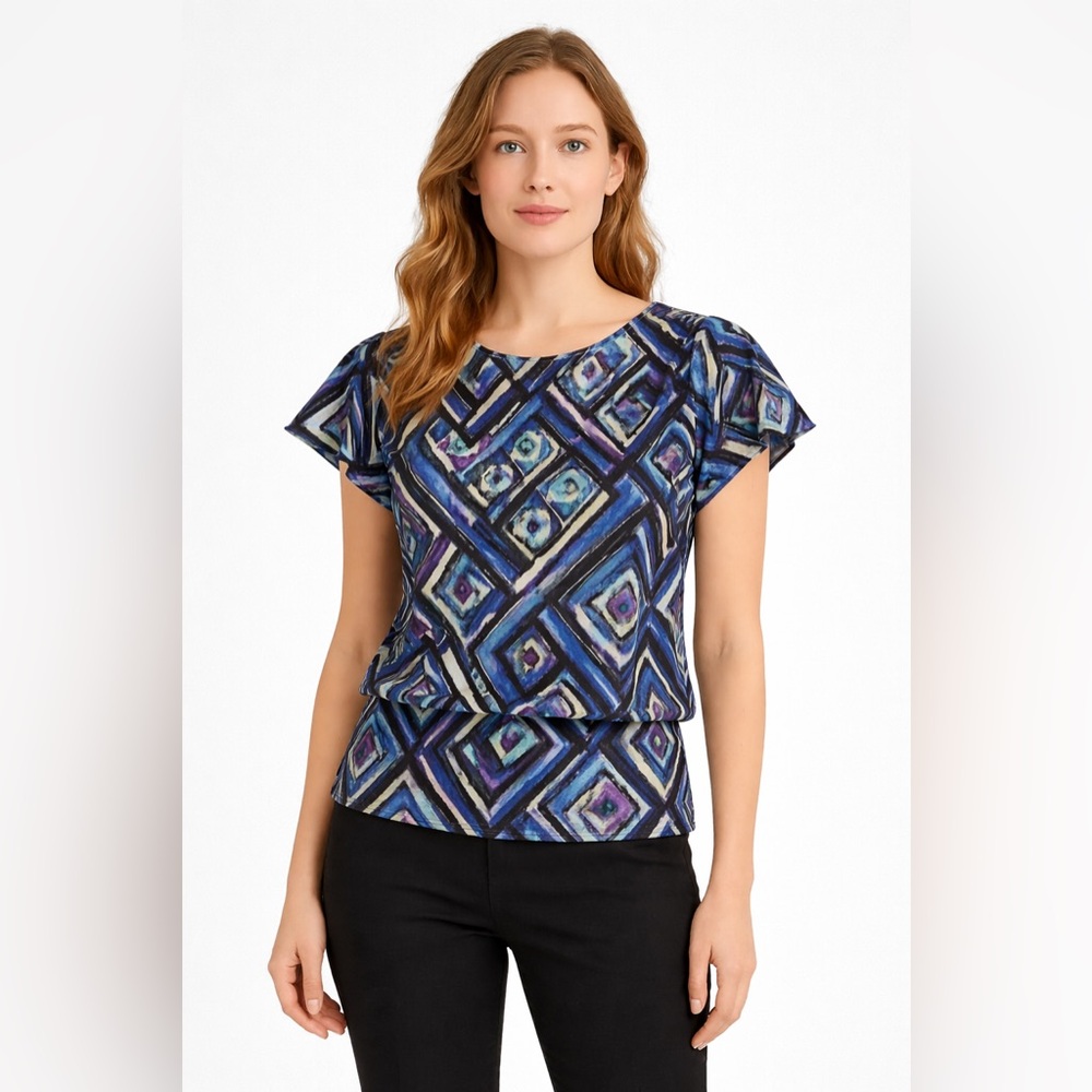 Chico’s Geometric Print Top Size 1 Blue Purple Black Size Medium